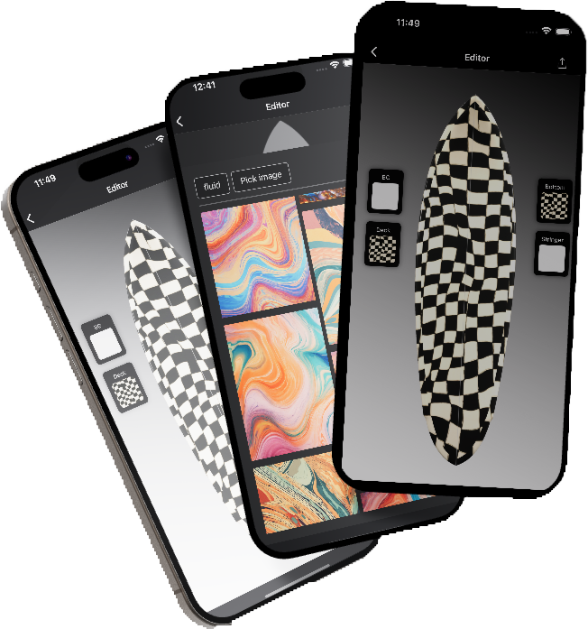 surfer designing a custom 3D surfboard using an AI-powered design app with realistic board preview on screen.